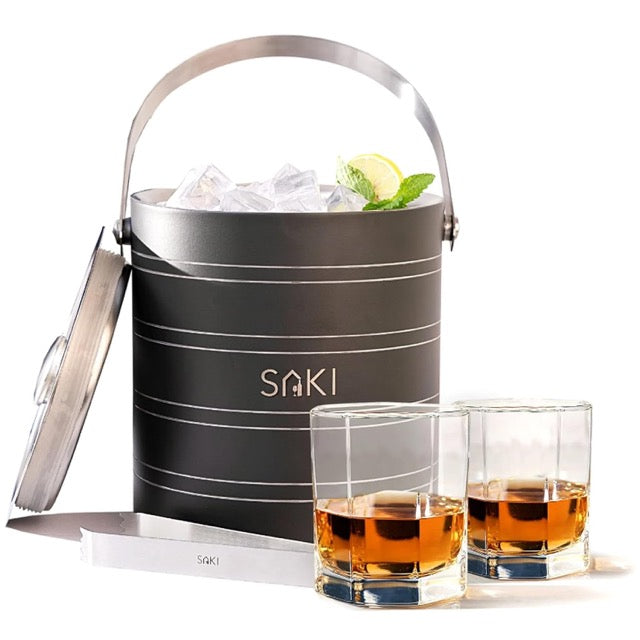 SAKI Gunmetal Stainless Steel Ice Bucket with Crystal Whiskey Glass