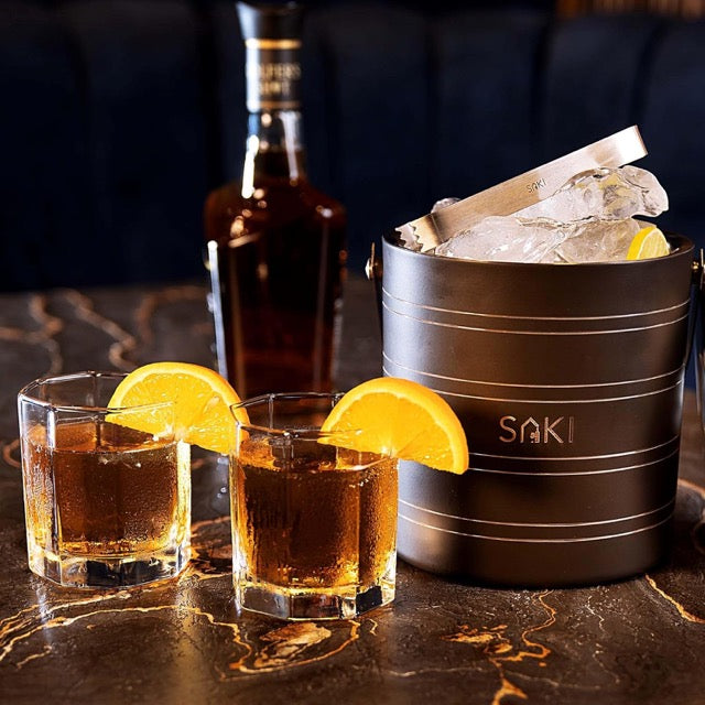 SAKI Gunmetal Stainless Steel Ice Bucket with Crystal Whiskey Glass