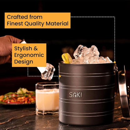 SAKI Gunmetal Stainless Steel Ice Bucket with Crystal Whiskey Glass