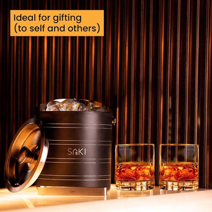 SAKI Gunmetal Stainless Steel Ice Bucket with Old Fashioned Whiskey Glass