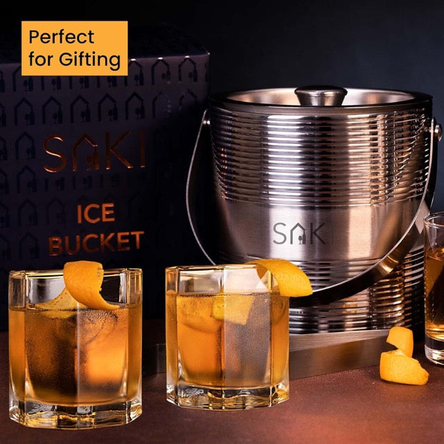 SAKI Metallic Ripple Stainless Steel Ice Bucket with Crystal Whiskey Glass